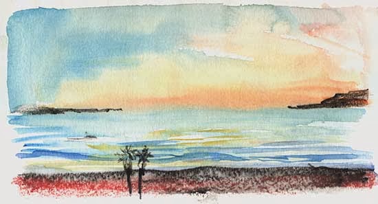 Shiho Nakaza "Los Angeles" "Santa Monica" Kalifornien Sonnenuntergang Aquarell Skizze Skizze Strand